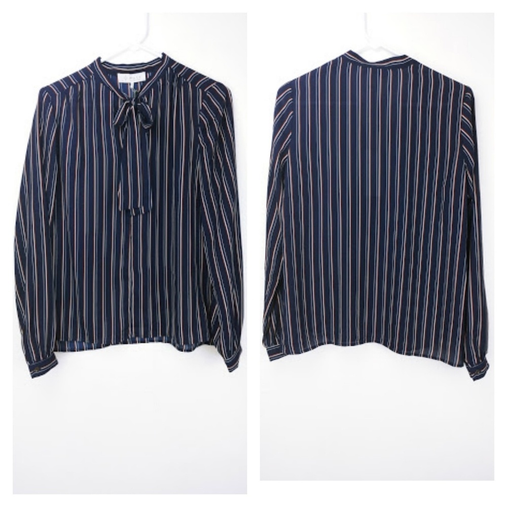 WAYF blue split neck long sleeve blouse